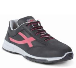 Zapatos de seguridad deportivos tipo running, diseñados especialmente para mujer. En este zapato se ha utilizado una piel flor engrasada con tratamiento hidrofugado TOP LEATHER. Su interior está confeccionado con tejido efecto nido de abejas.